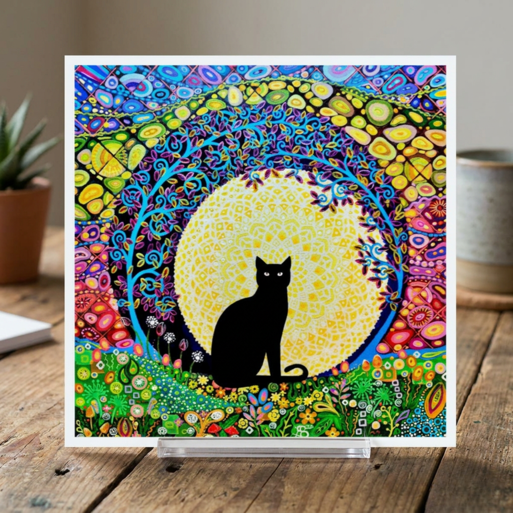 Colourful artwork with a black cat silhouette on a wooden surface