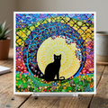 Colourful artwork with a black cat silhouette on a wooden surface