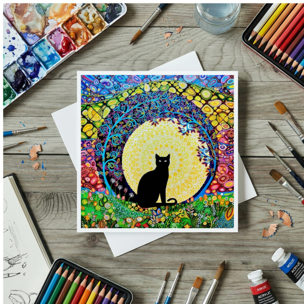 Colourful artwork of a black cat in a circular design surrounded by nature elements greeting card on a wooden surface with art supplies.
