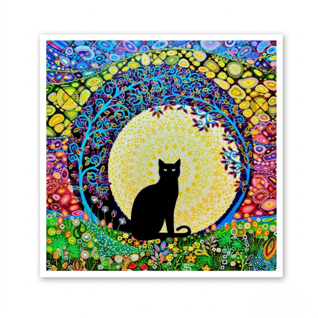 Colourful artwork of a black cat sitting under a moon with a psychedelic border. Greeting Card