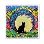 Colourful artwork of a black cat sitting under a moon with a psychedelic border. Greeting Card