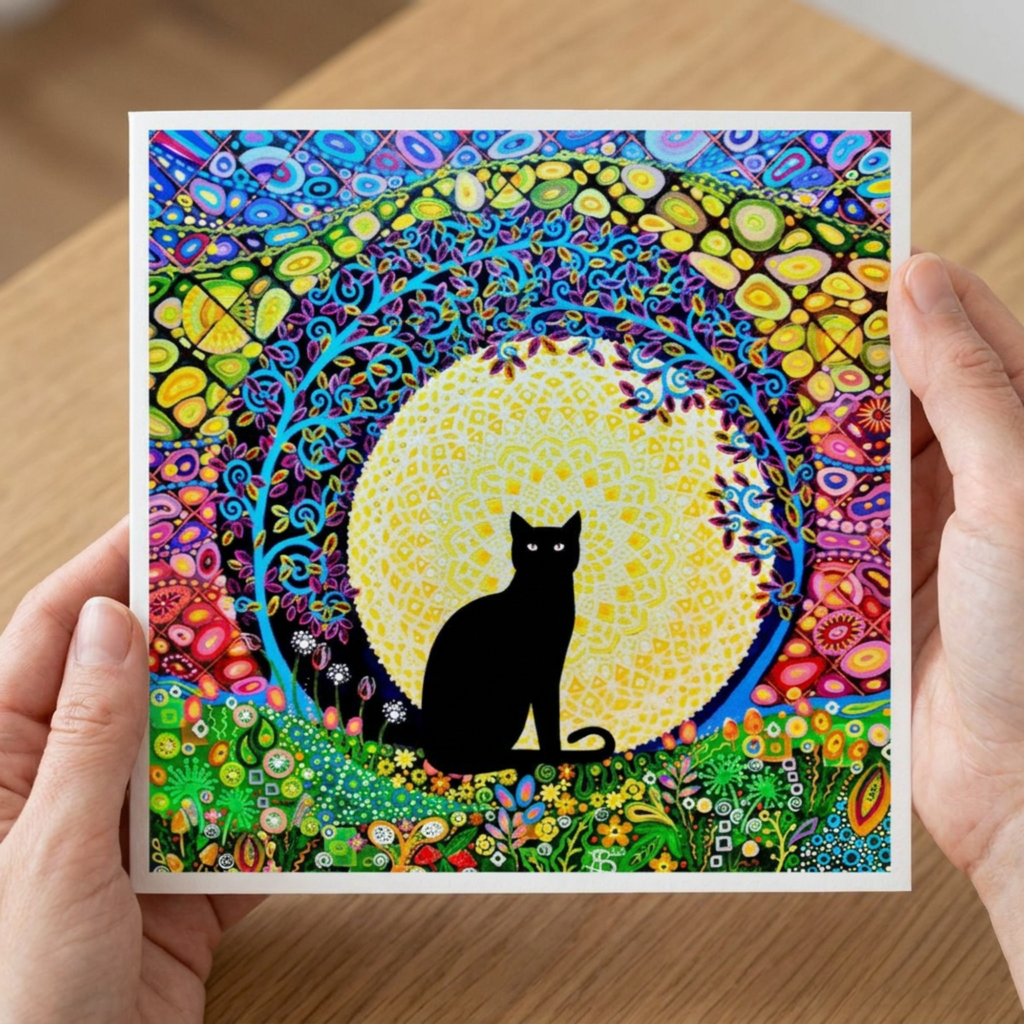 Colourful artwork greeting card of a black cat in a mandala design held by hands on a wooden surface.