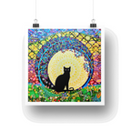 Colourful artwork of a black cat sitting in a mandala-like design with vibrant patterns.