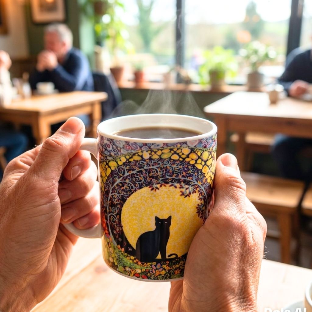 Person holding a mug with a cat design in a cozy café setting