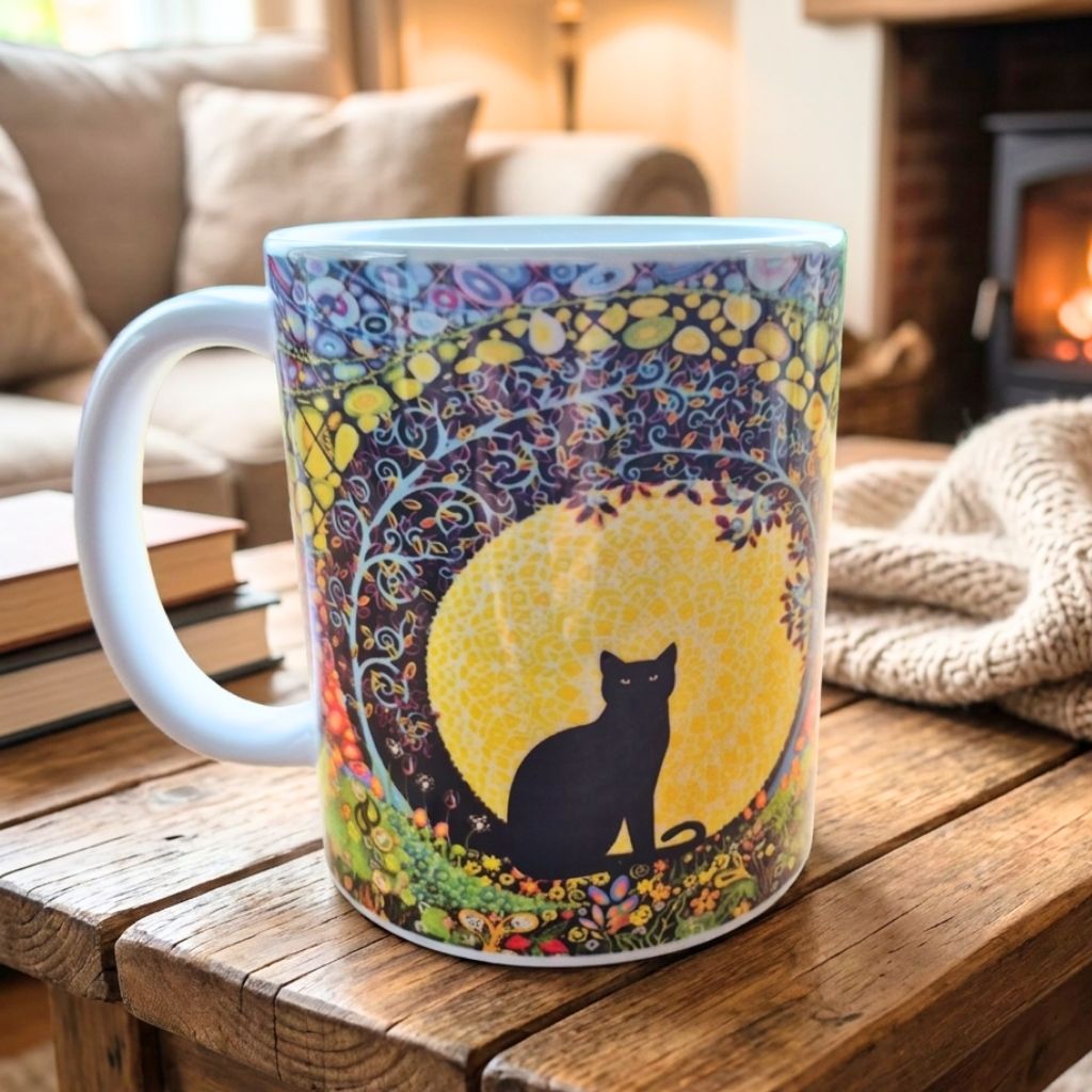 Colorful mug with a black cat design on a wooden surface in a cozy living room.