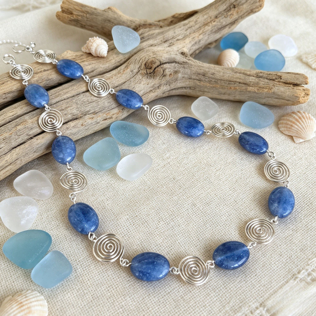Blue Aquamarine Silver Spiral Necklace, Handmade Wire and Bead Jewellery, Gift for Her