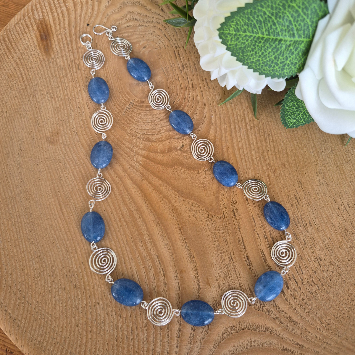 Blue Aquamarine Silver Spiral Necklace, Handmade Wire and Bead Jewellery, Gift for Her