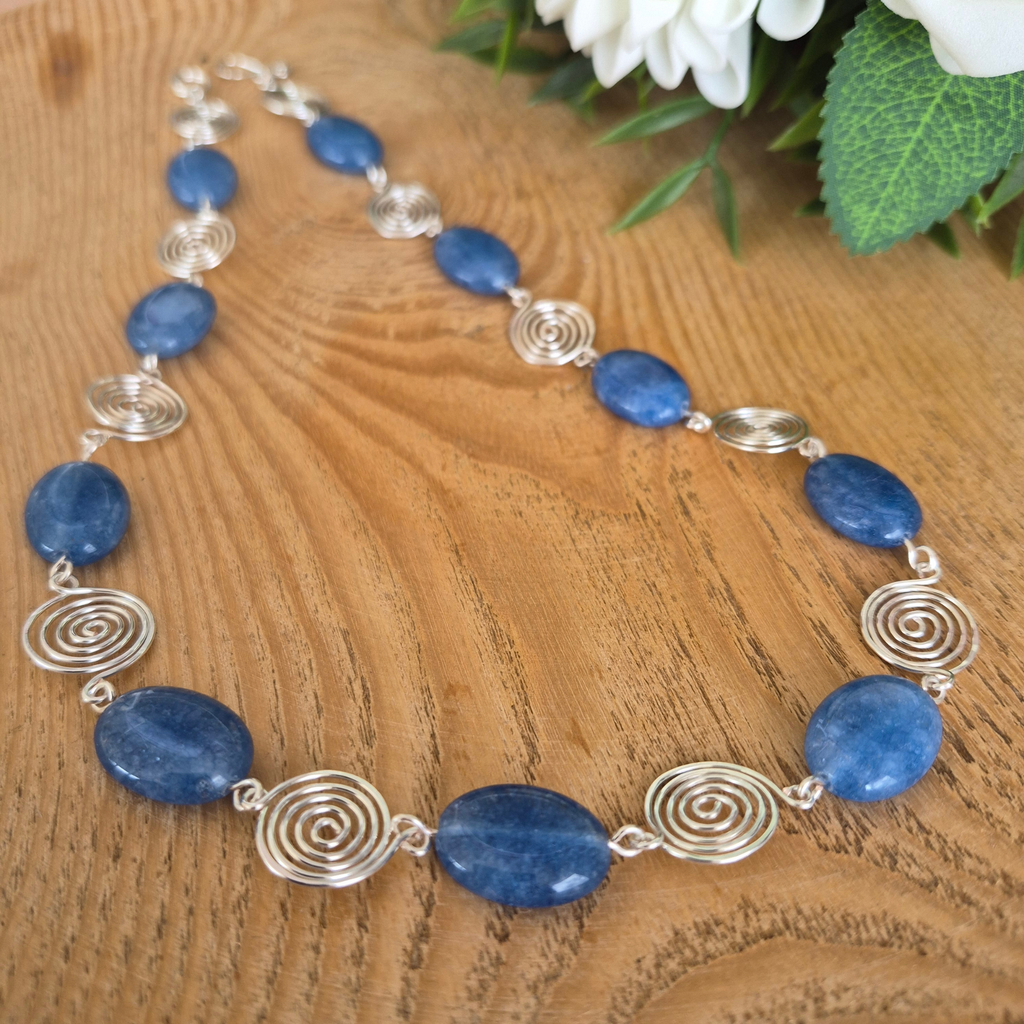 Blue Aquamarine Silver Spiral Necklace, Handmade Wire and Bead Jewellery, Gift for Her