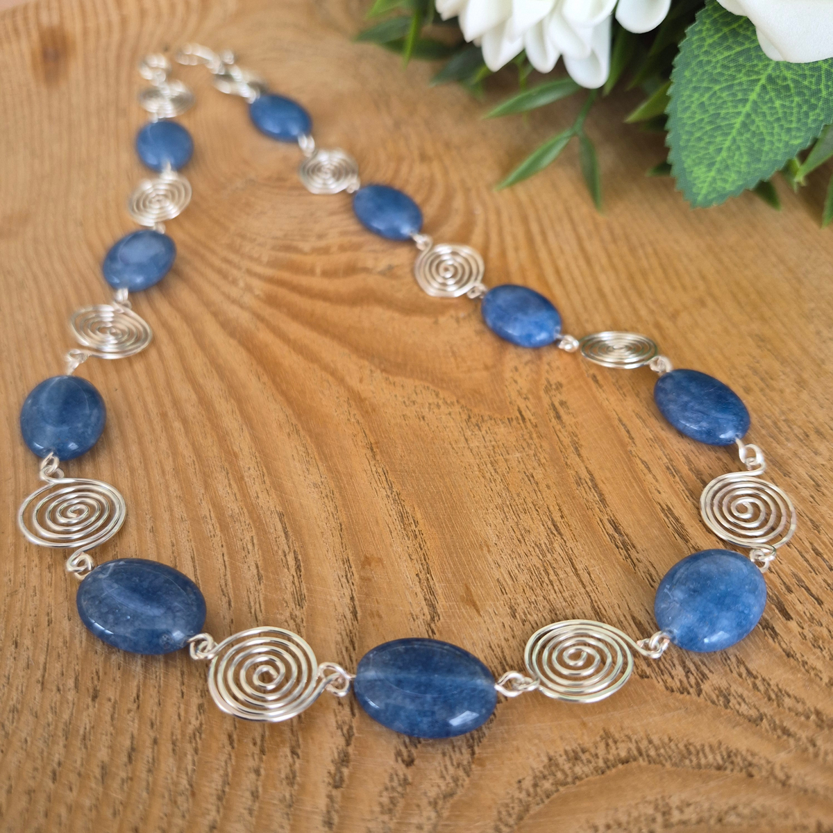 Blue Aquamarine Silver Spiral Necklace, Handmade Wire and Bead Jewellery, Gift for Her