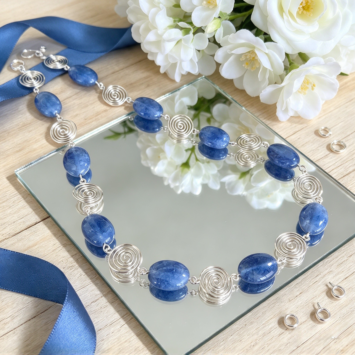Blue Aquamarine Silver Spiral Necklace, Handmade Wire and Bead Jewellery, Gift for Her