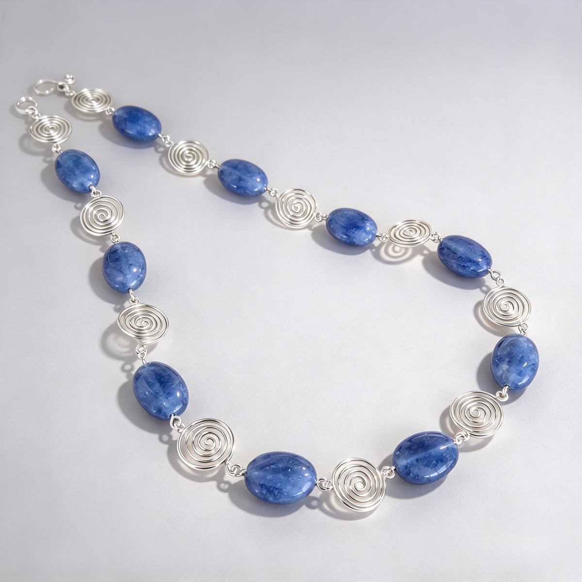 Blue Aquamarine Silver Spiral Necklace, Handmade Wire and Bead Jewellery, Gift for Her