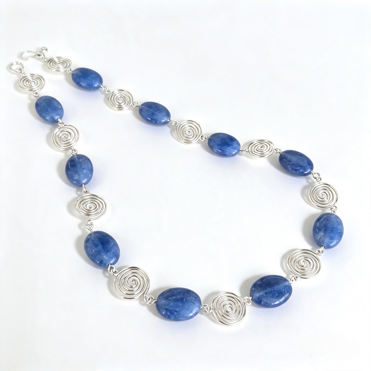 Blue Aquamarine Silver Spiral Necklace, Handmade Wire and Bead Jewellery, Gift for Her