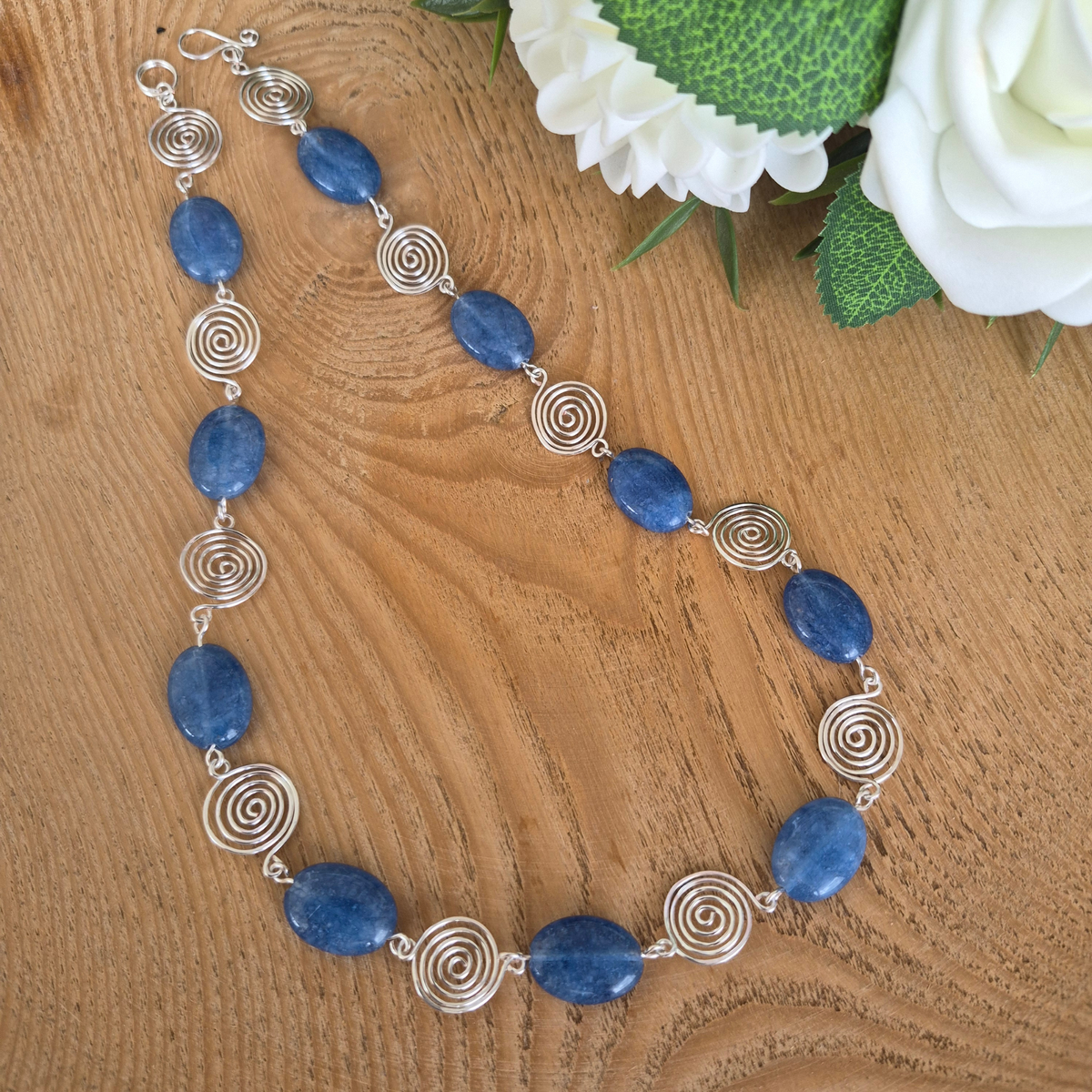 Blue Aquamarine Silver Spiral Necklace, Handmade Wire and Bead Jewellery, Gift for Her