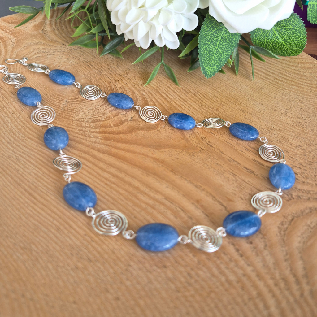 Blue Aquamarine Silver Spiral Necklace, Handmade Wire and Bead Jewellery, Gift for Her