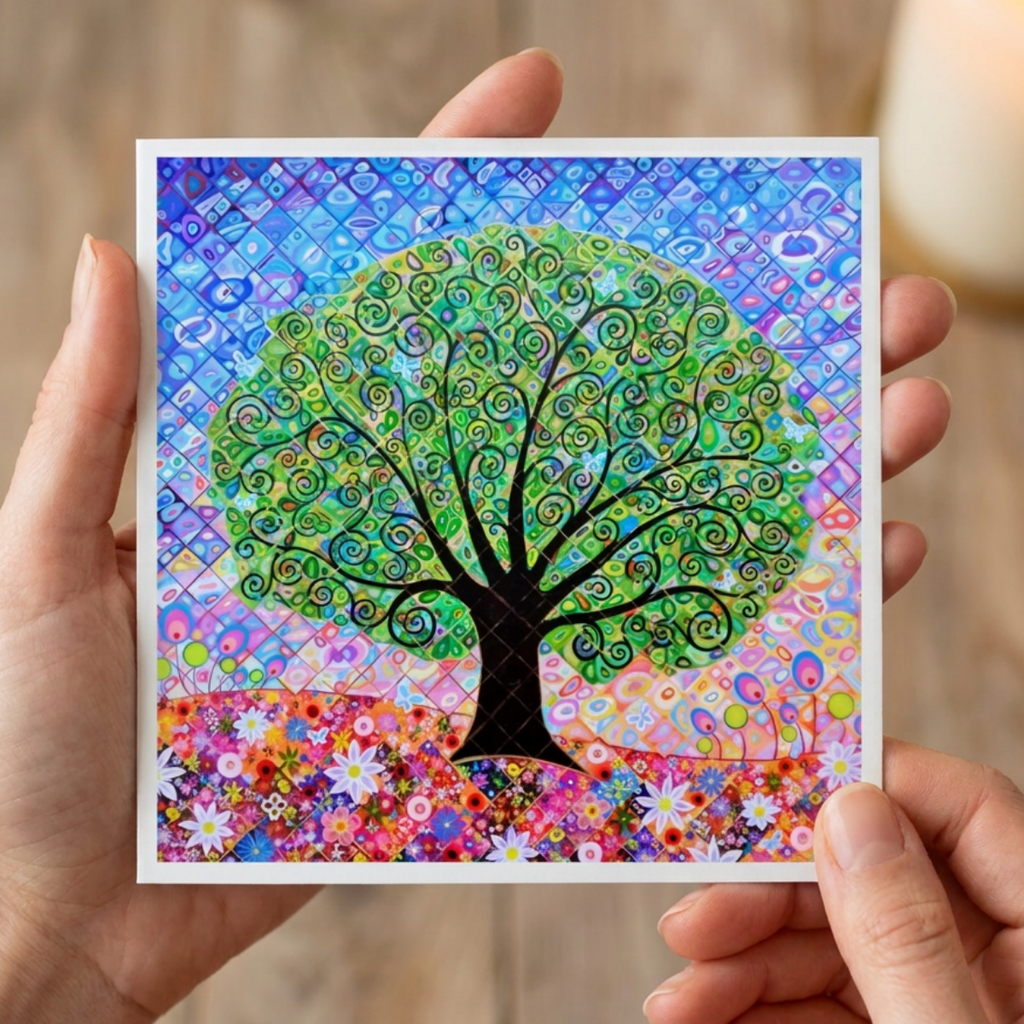 Colourful abstract tree artwork held by hands against a blurred background