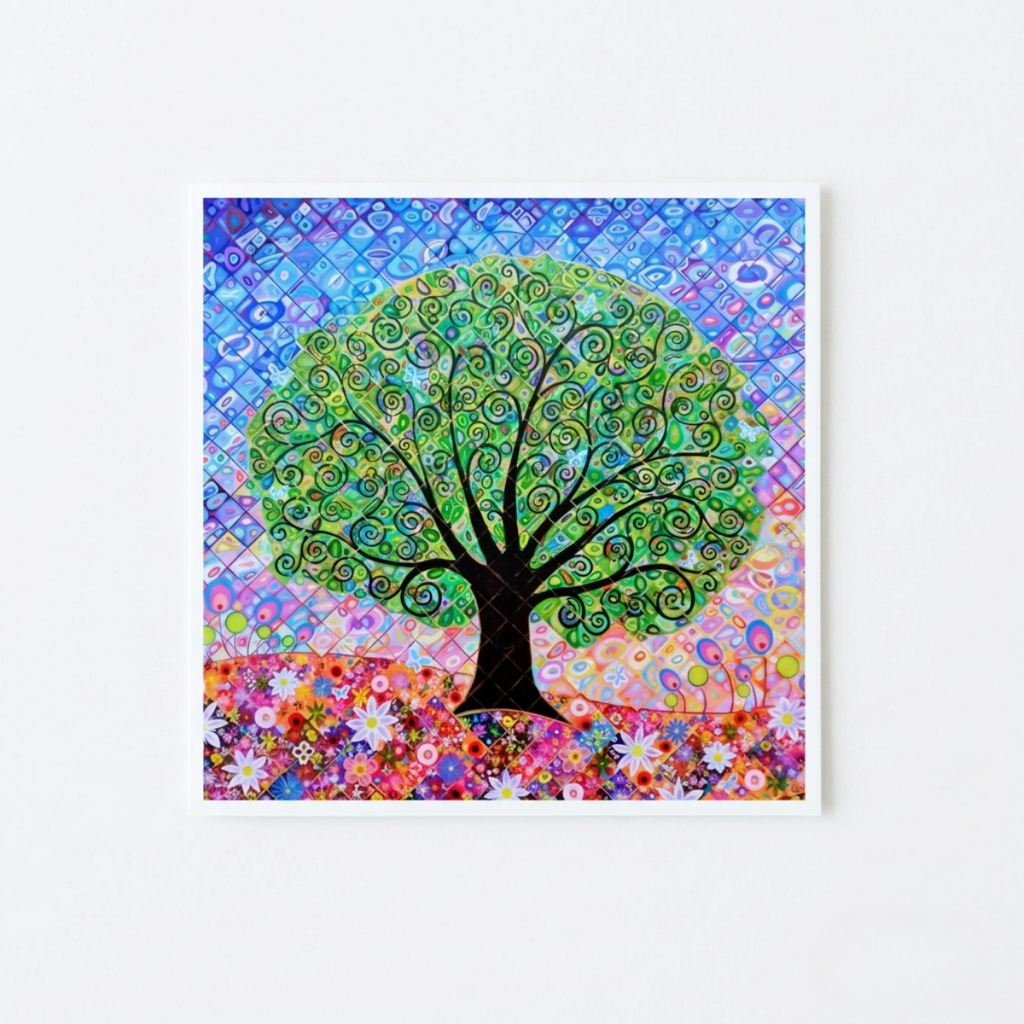 Colourful abstract artwork of a tree with a multicolored background