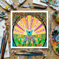 Colourful abstract artwork with a butterfly on a wooden artist's palette with painting tools.
