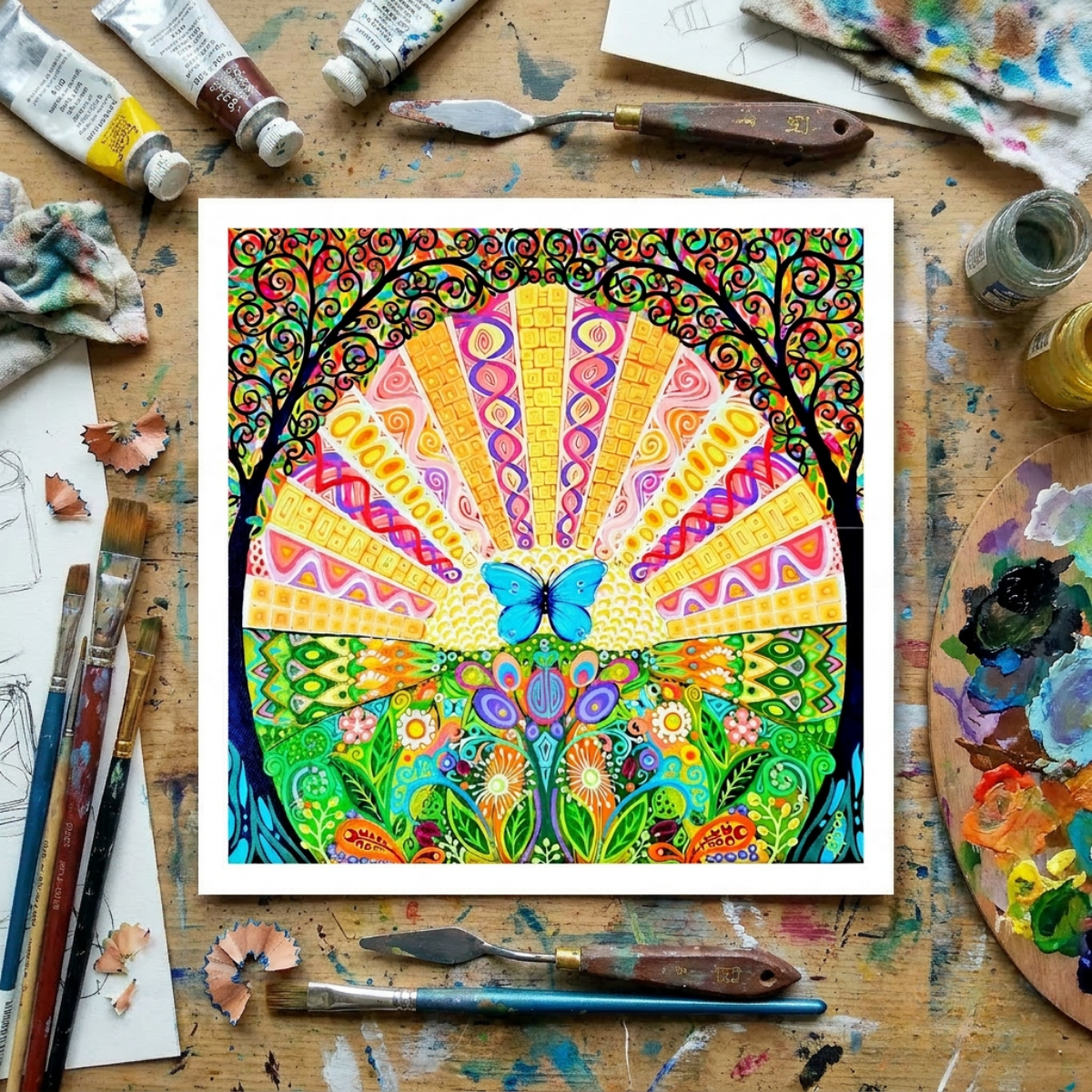 Colourful abstract artwork with a butterfly on a wooden artist's palette with painting tools.