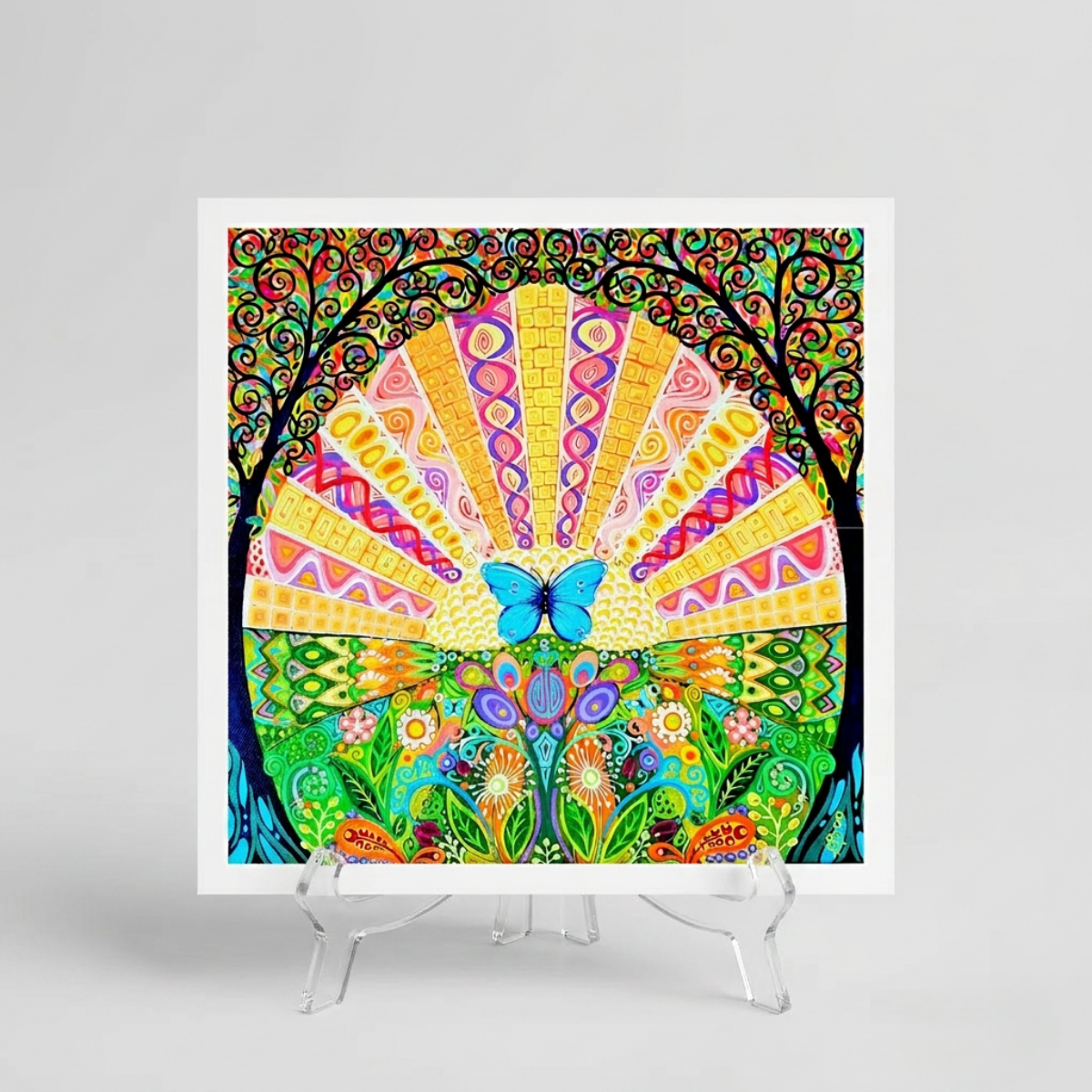 Colourful abstract artwork with a butterfly on a white stand against a gray background