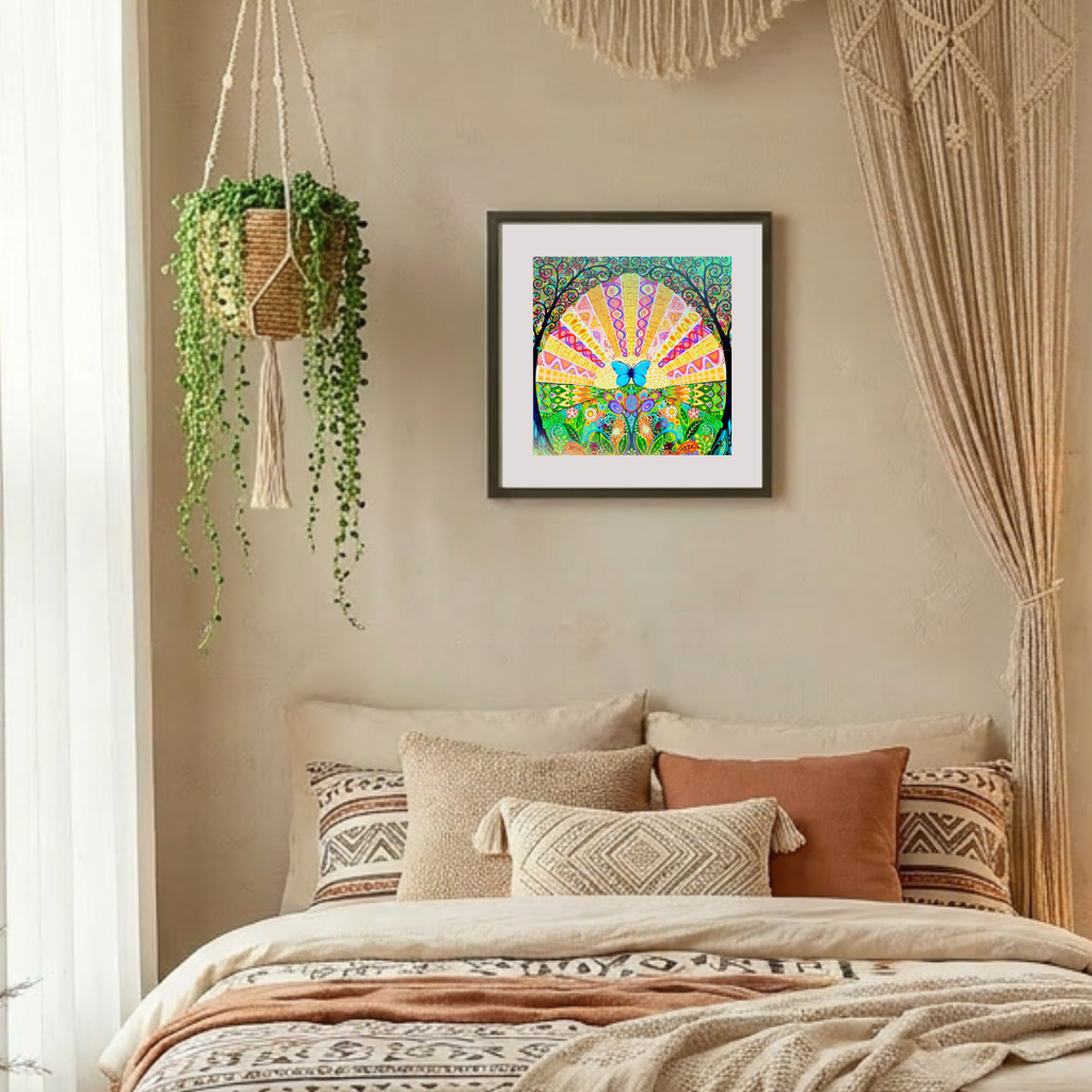 Decorative bedroom with a bed, wall art, and hanging plant.