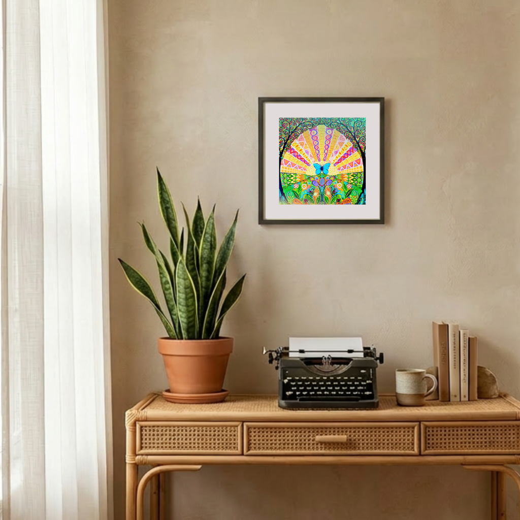Decorative setup with a potted plant, typewriter, and framed artwork on a beige wall.