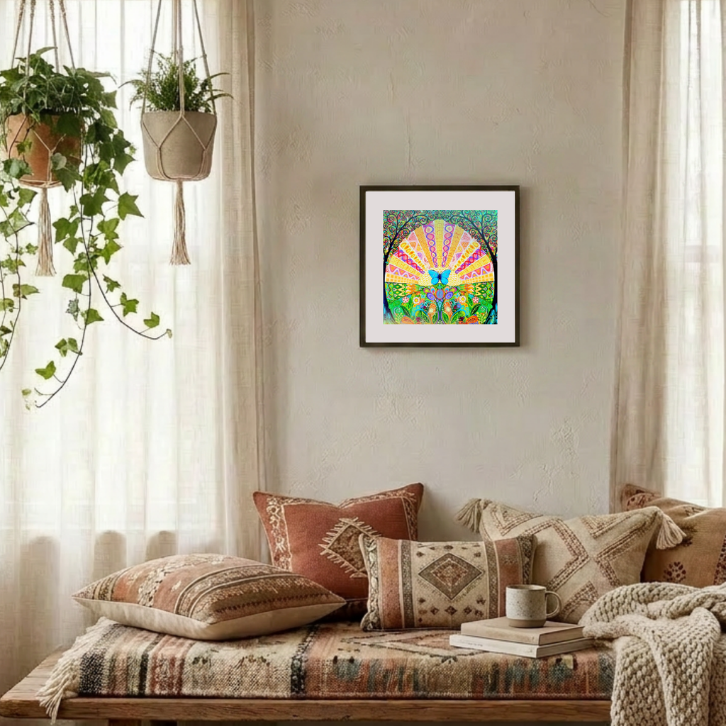 Cozy living room with a colourful abstract painting on the wall, patterned cushions, and a wooden bench.