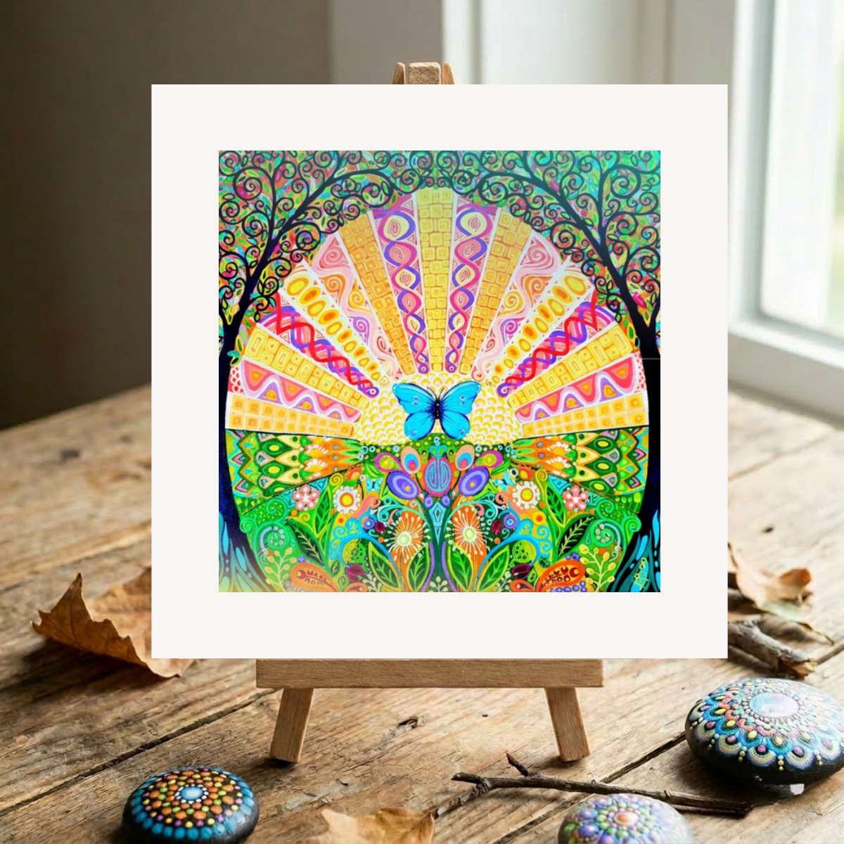 Colourful abstract artwork with a butterfly on a wooden surface