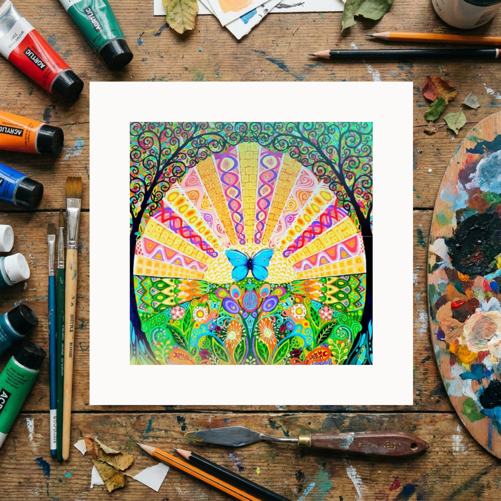 Colourful abstract artwork on a wooden surface with art supplies