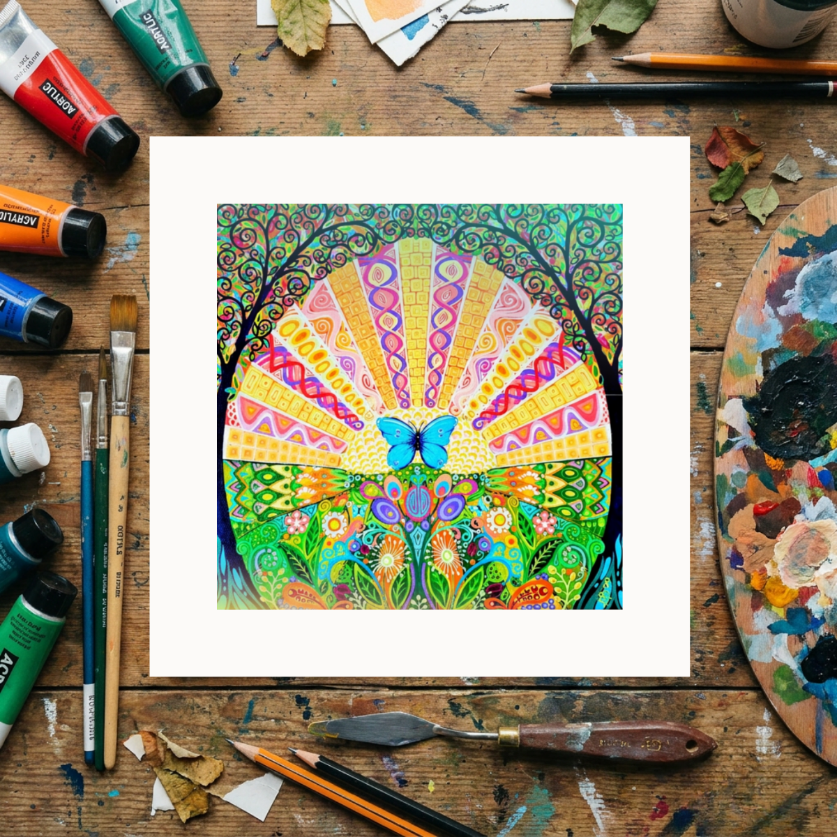 Colourful abstract artwork on a wooden surface with art supplies