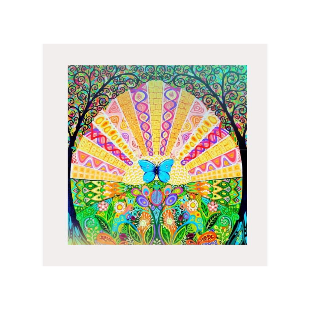 Colourful abstract artwork with a butterfly in the center on a white background