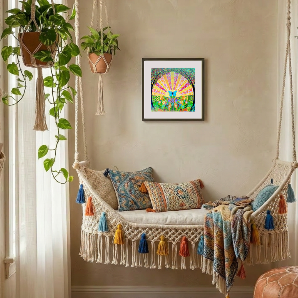 Decorative indoor swing with colourful pillows and a framed artwork on the wall.