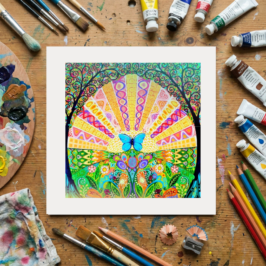 Colourful abstract artwork with a butterfly on a wooden surface with art supplies.