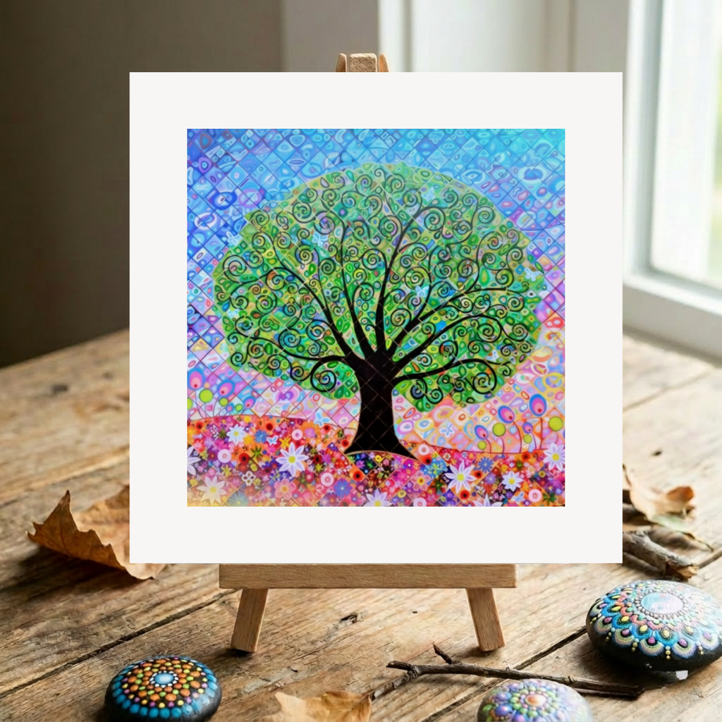 Colourful abstract tree painting on a wooden easel with decorative stones and leaves.