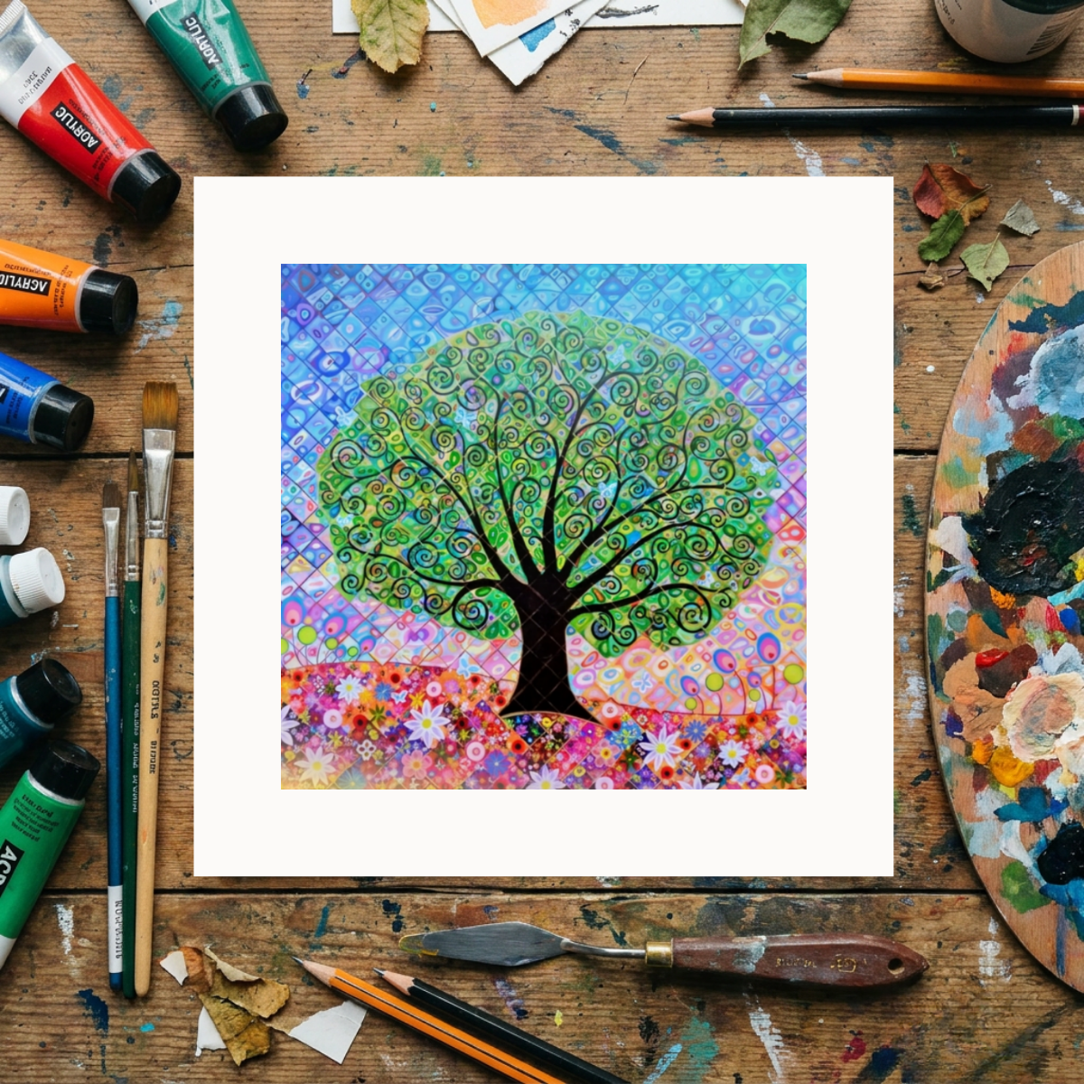 Colourful abstract tree painting on a wooden surface with art supplies.