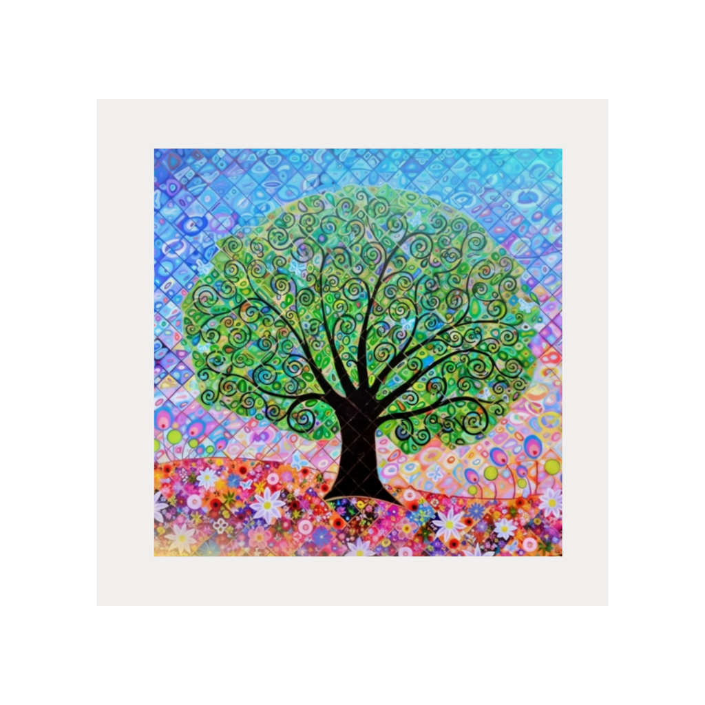 Colourful abstract painting of a tree with a white frame