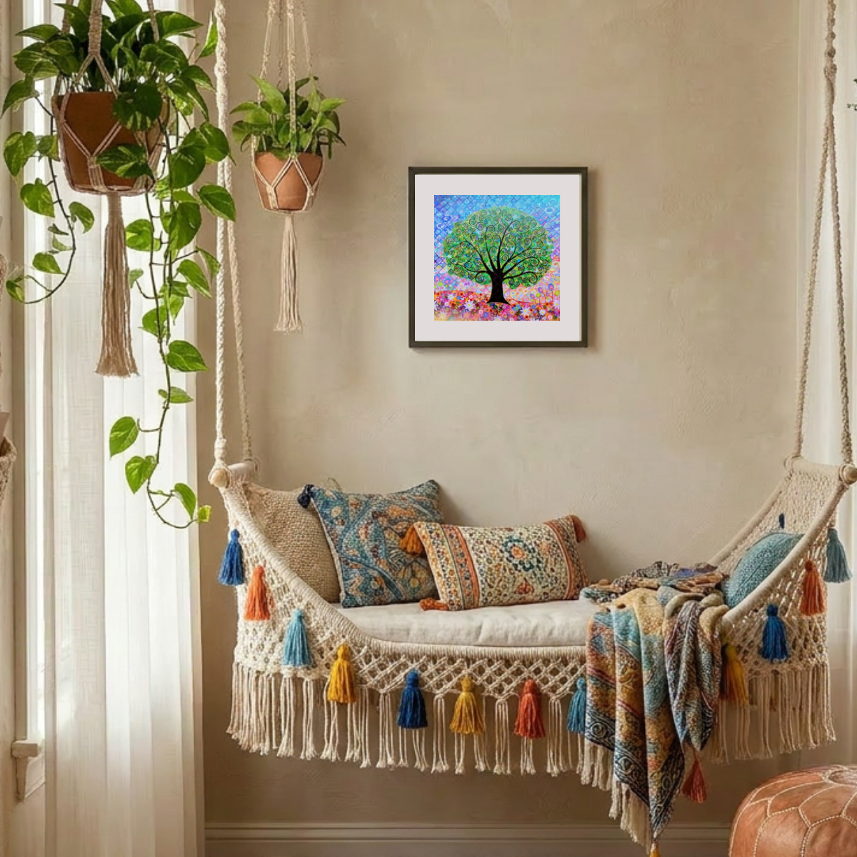Decorative indoor swing with colourful pillows and a framed artwork on the wall.