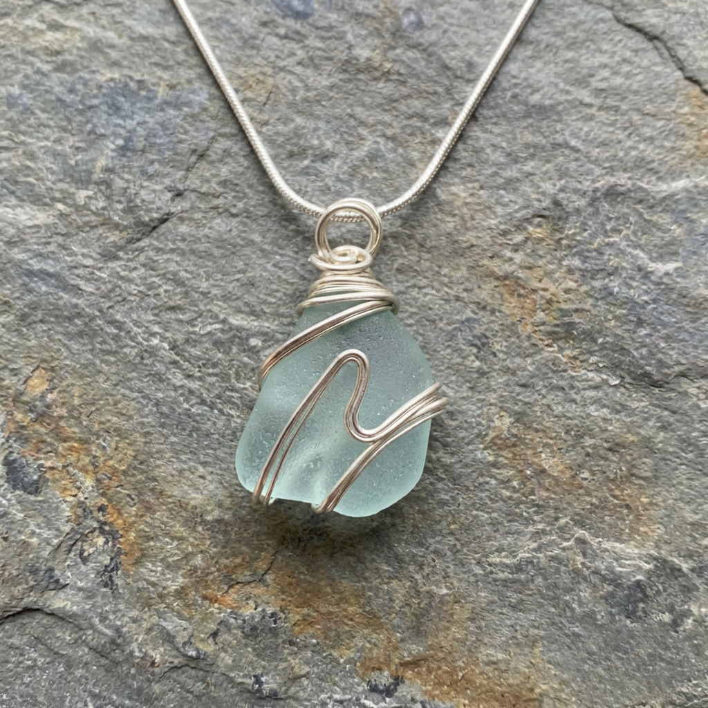 Silver Wrapped Blue Sea Glass Wave, Handmade Boho Silver Pendant, Gift for Her
