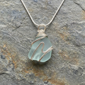 Silver Wrapped Blue Sea Glass Wave, Handmade Boho Silver Pendant, Gift for Her