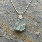 Silver Wrapped Blue Sea Glass Wave, Handmade Boho Silver Pendant, Gift for Her