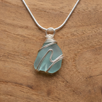 Silver Wrapped Blue Sea Glass Wave, Handmade Boho Silver Pendant, Gift for Her