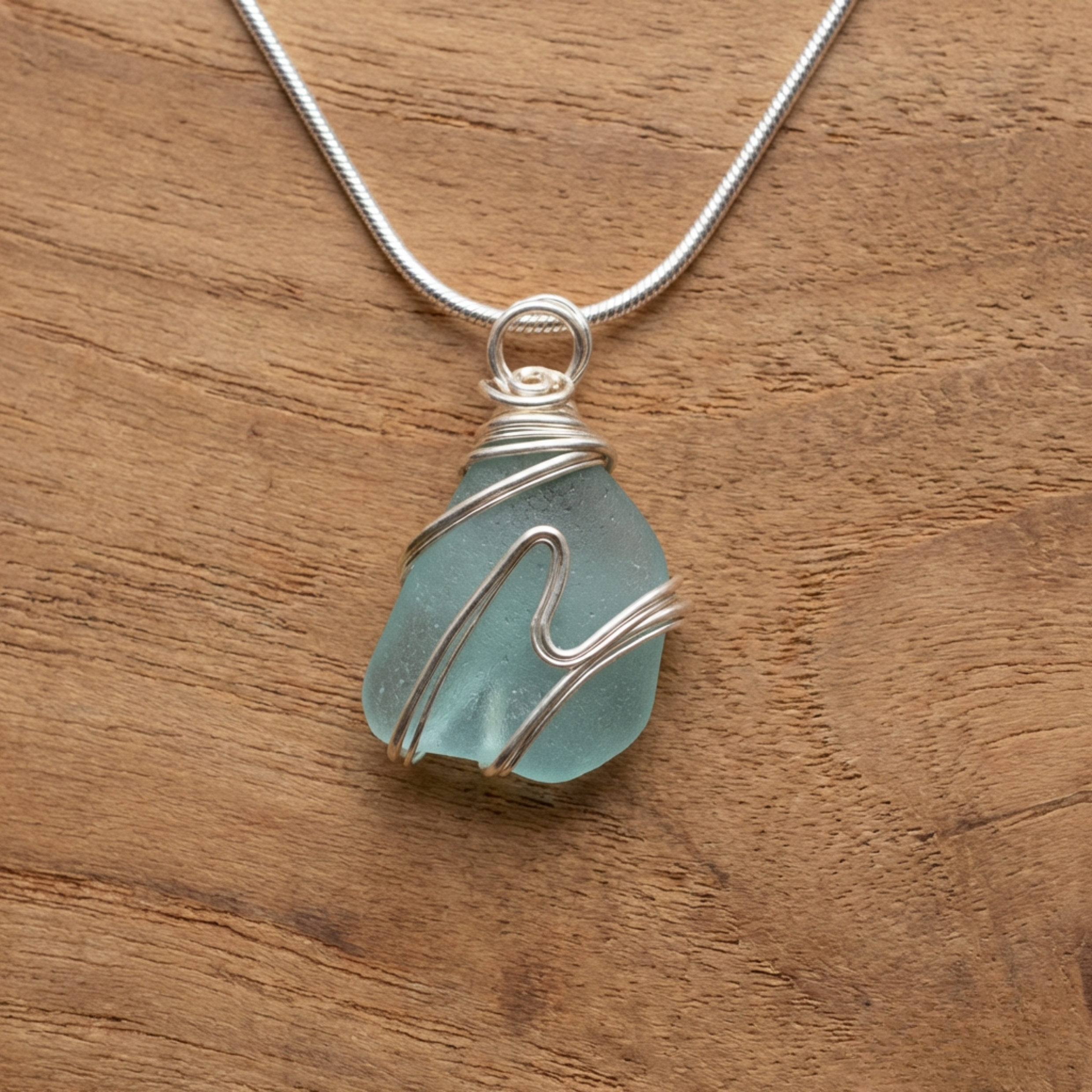 Silver Wrapped Blue Sea Glass Wave, Handmade Boho Silver Pendant, Gift for Her