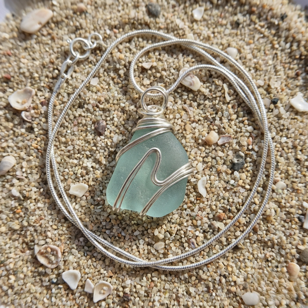 Silver Wrapped Blue Sea Glass Wave, Handmade Boho Silver Pendant, Gift for Her
