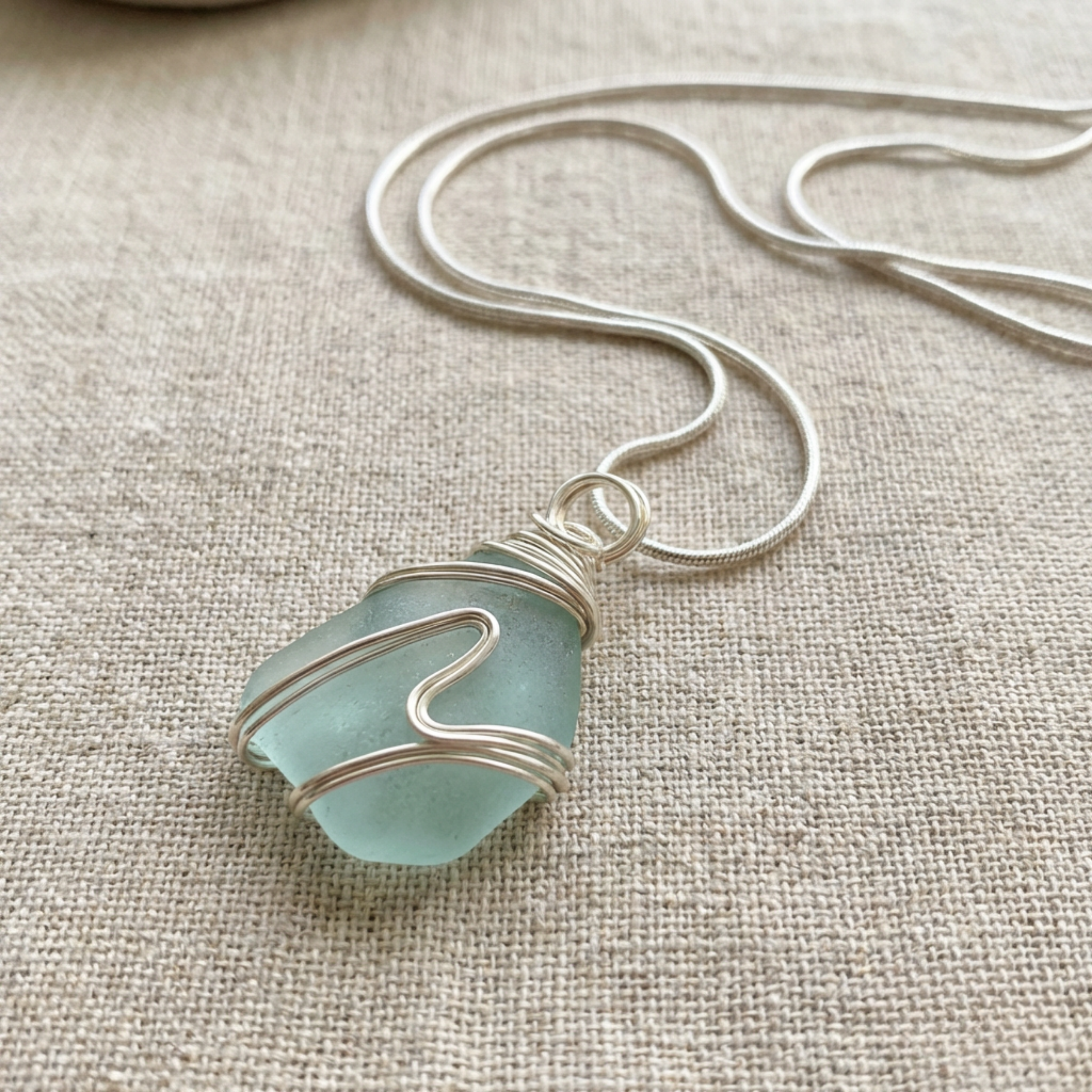 Silver Wrapped Blue Sea Glass Wave, Handmade Boho Silver Pendant, Gift for Her
