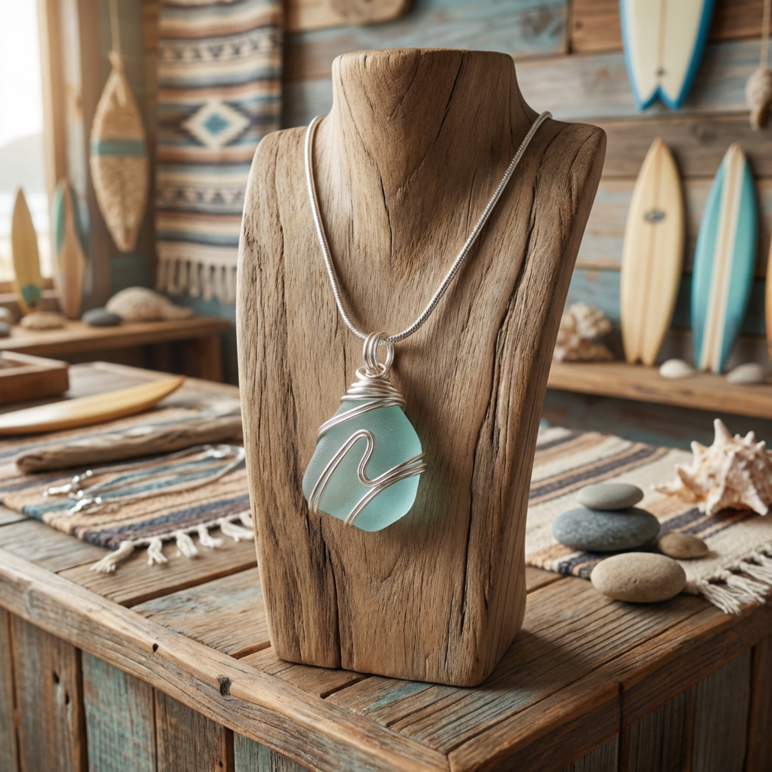 Silver Wrapped Blue Sea Glass Wave, Handmade Boho Silver Pendant, Gift for Her