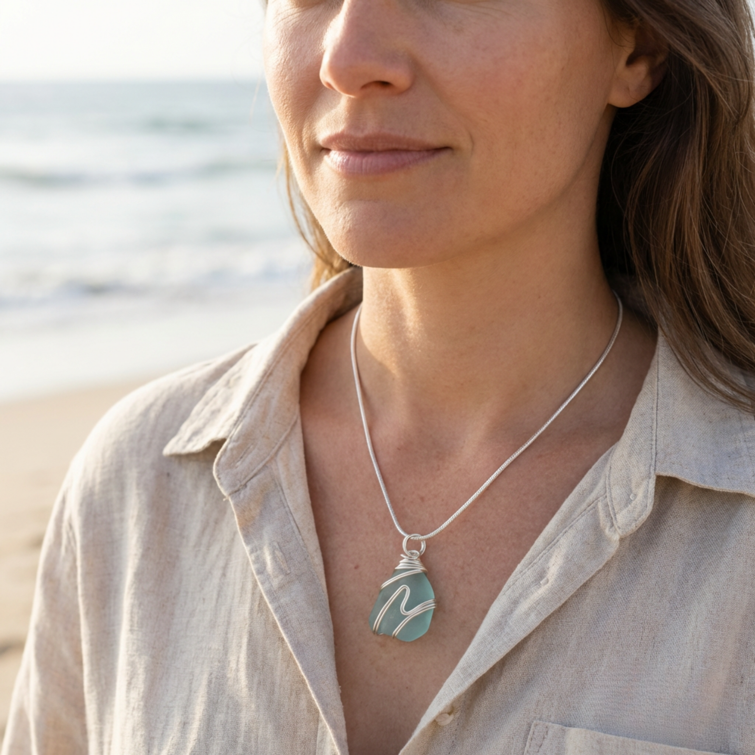 Silver Wrapped Blue Sea Glass Wave, Handmade Boho Silver Pendant, Gift for Her