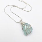 Silver Wrapped Blue Sea Glass Wave, Handmade Boho Silver Pendant, Gift for Her