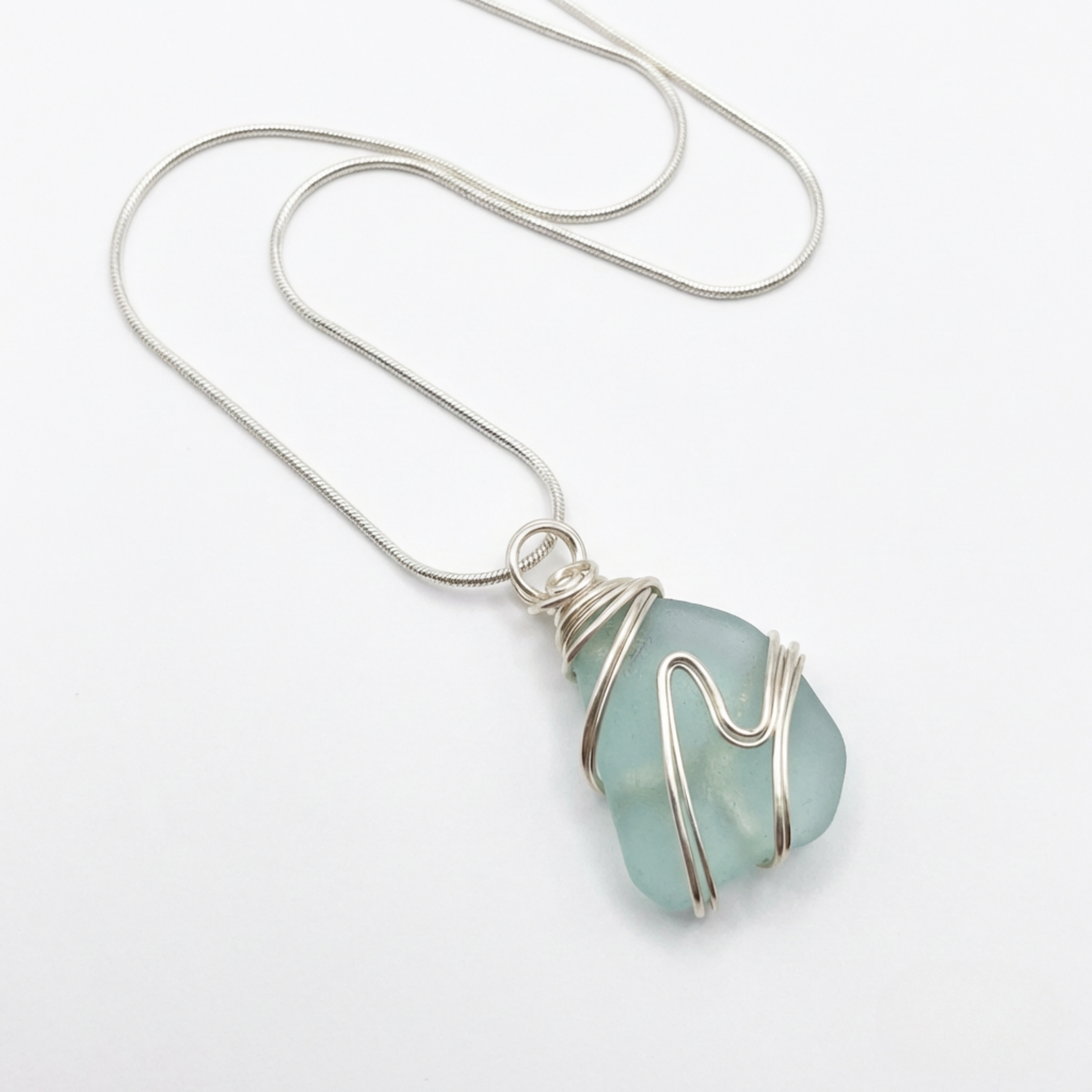 Silver Wrapped Blue Sea Glass Wave, Handmade Boho Silver Pendant, Gift for Her