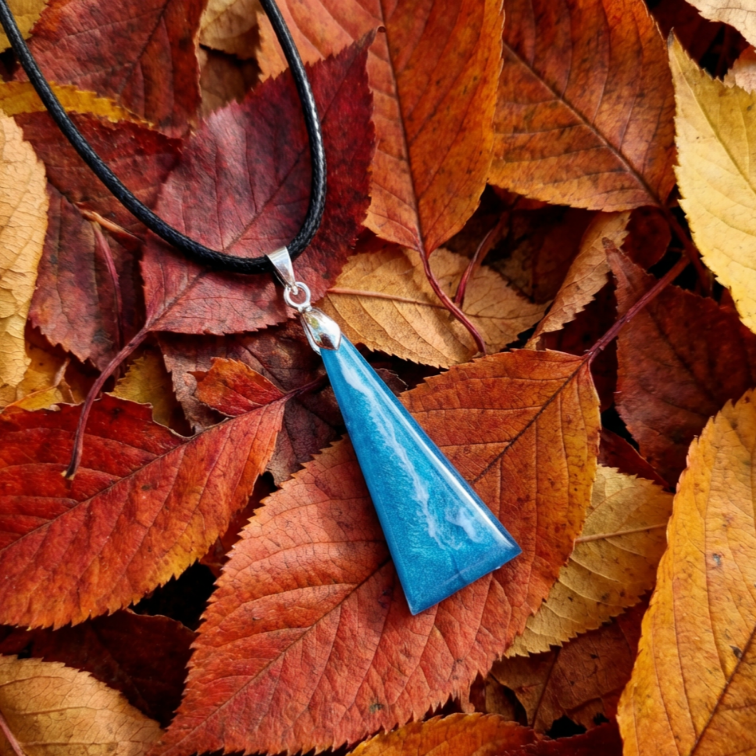 Blue pendant necklace on a bed of autumn leaves