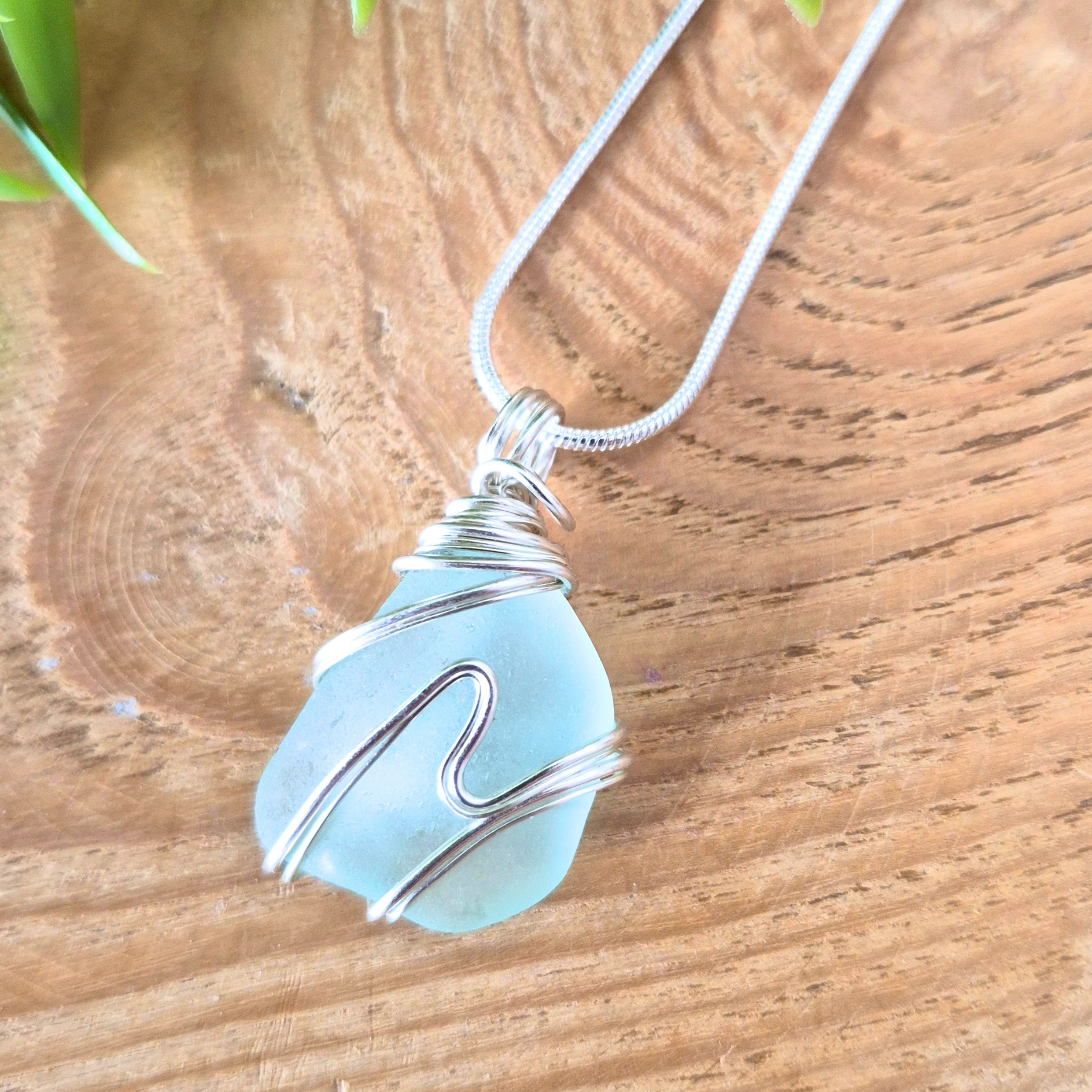 Silver Wrapped Blue Sea Glass Wave, Handmade Boho Silver Pendant, Gift for Her