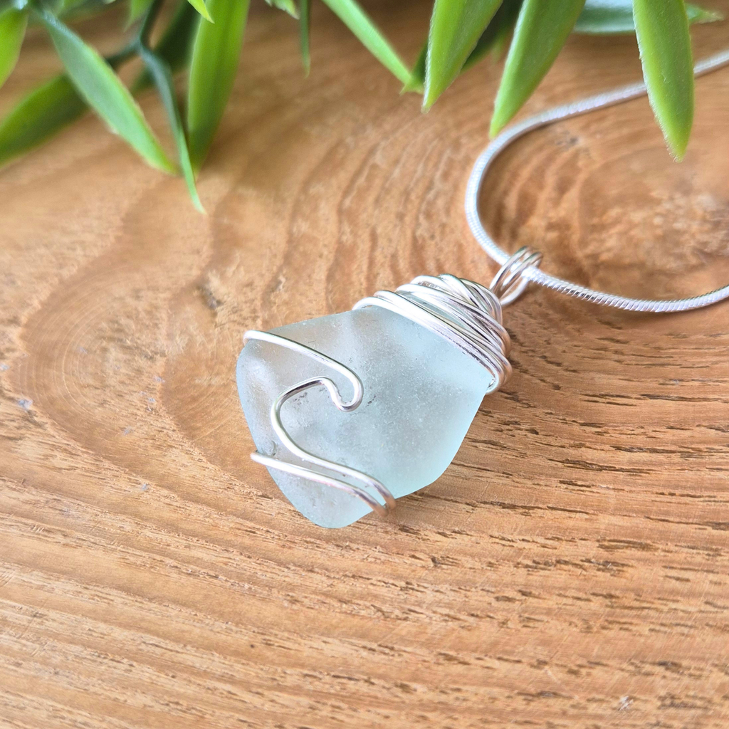 Silver Wrapped Blue Sea Glass Wave, Handmade Boho Silver Pendant, Gift for Her